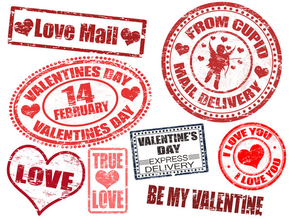 Collection of isolated grunge Valentine's Day stamps on white background