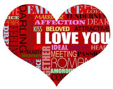 Heart vector illustration with various love words written in in different colors and styles clipart