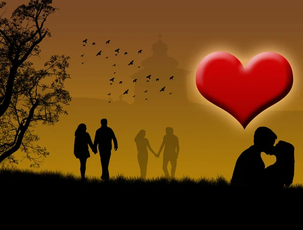 Silhouette Couple Amoureux Sur Parc Ville Illustration Vectorielle — Image vectorielle