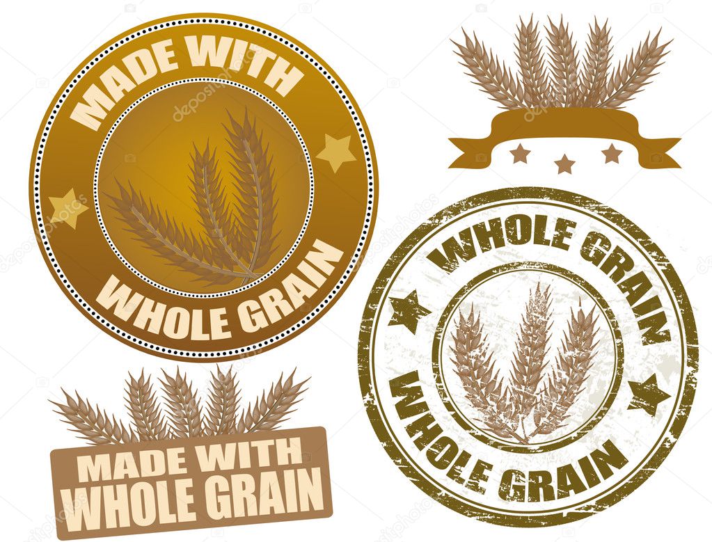 Set of whole grain seals and grunge stamp, vector illustration