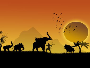 Hunting buffalo with elephants on jungle landscape at sunset, vector illustration clipart