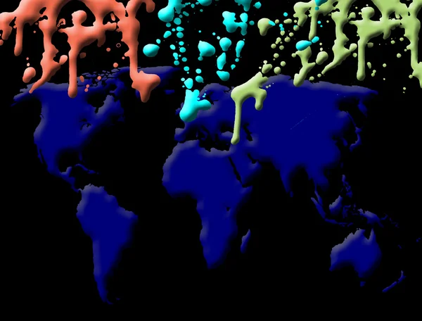 Fundo Abstrato Com Tinta Colorida Brilhante Splat Mapa Mundo Preto — Vetor de Stock