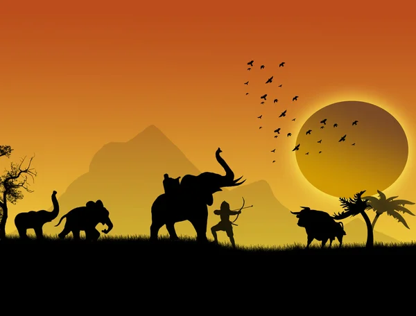Polowanie Buffalo Słonie Dżungli Krajobraz Zachód Słońca Wektorowych Ilustracji — Wektor stockowy