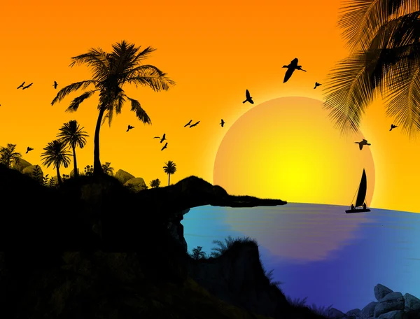 Tropisches Paradies Landschaft Bei Sonnenuntergang Vektorillustration — Stockvektor