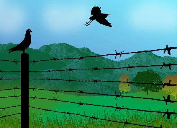 Bird sitting on prison fence — Stock Vector