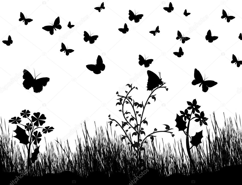 Butterflies, flowers and grass background
