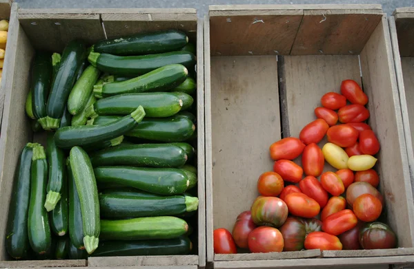 Boerderij stand courgette en tomaten — Stockfoto