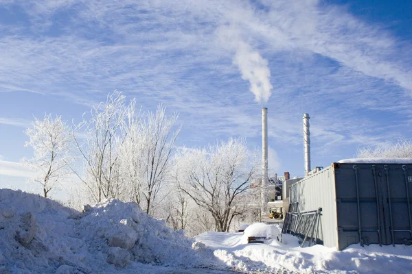 Industrial Scene Snow Smokestacks — Stock Photo, Image