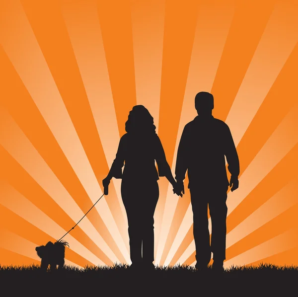 Casal caminhando seu cão — Vetor de Stock