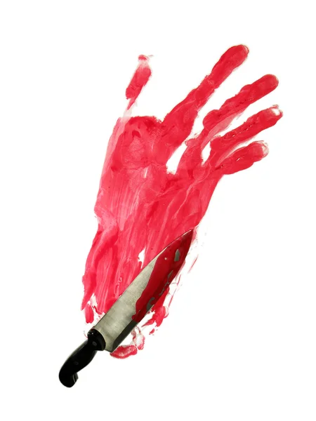 Кровавый отпечаток руки и нож — стоковое фото