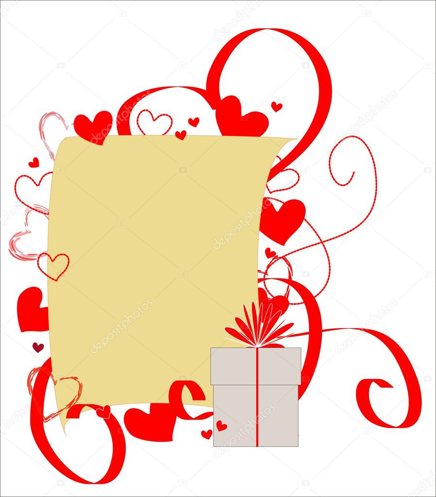 Page with space for text, decorated with red hearts and ribbons. Valentine's Day wallpaper. Wedding backdrop.