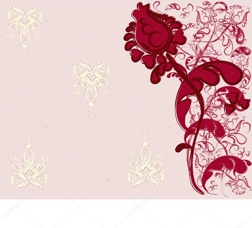 Burgundy flower on a vegetation background with rose-hearts. Free text.