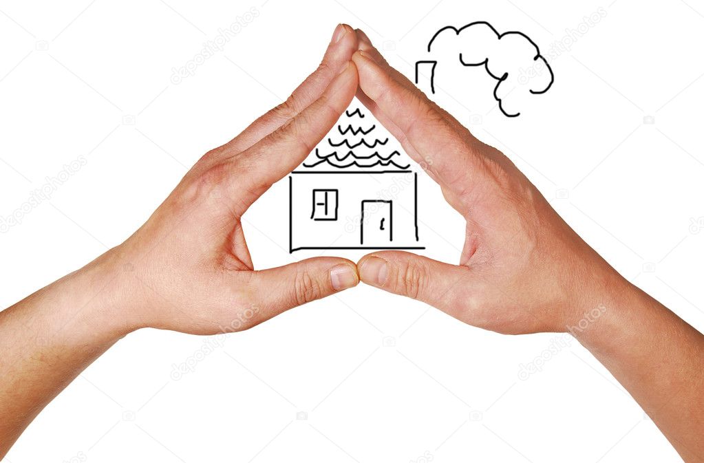 The combined hands, are forming a roof over the house