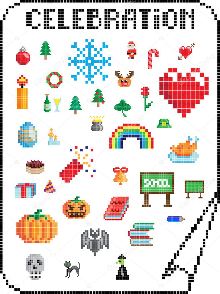 Vector signs of various holidays in the pixel-art style