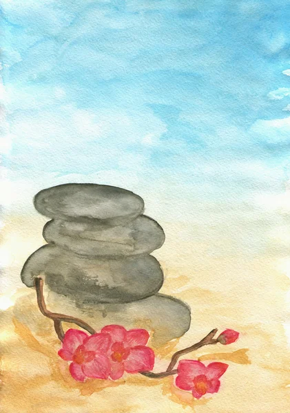 Aquarela Desenhada Mão Ainda Vida Com Pedras Orquídea — Fotografia de Stock