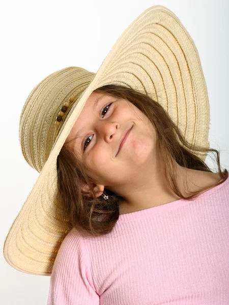 Portrait Little Girl Brown Eyes Wearing Straw Hat White — Stock Photo, Image