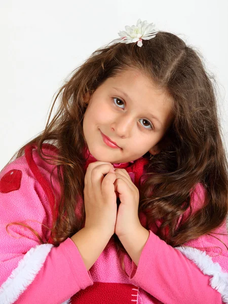 Niedliches Kleines Mädchen Mit Langen Haaren Auf Weißem Hintergrund — Stockfoto