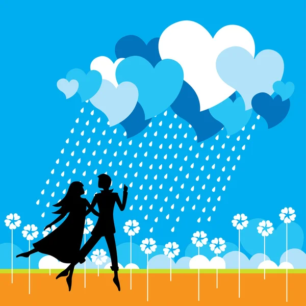 Illustration Vectorielle Couple Dansant Sous Nuage Cœurs — Image vectorielle