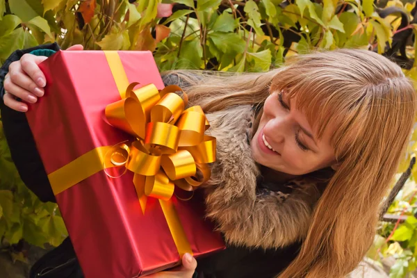 Giovane ragazza sorridente con un regalo — Foto Stock