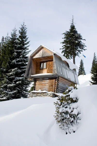 Two-storeyed wooden house concealed by snow, Ukraine, Carpathian — Stock Photo, Image