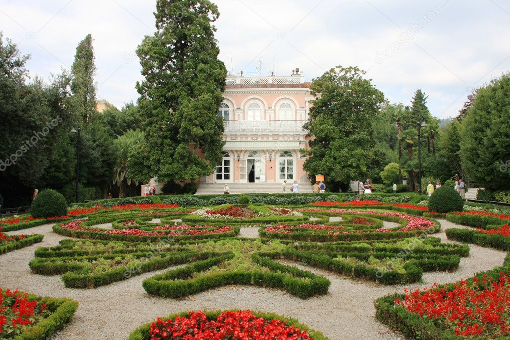 Villa Angiolina with a beautiful flowerbed before an entrance, Opatija, Croatia