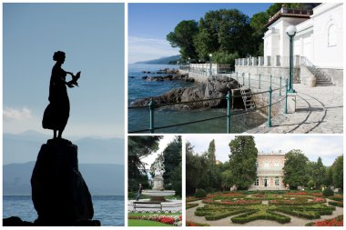 Collage with landscape and sights of city Opatija, Croatia clipart