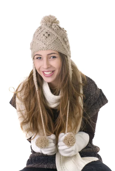 Menina sorridente no estilo de inverno em um fundo branco — Fotografia de Stock