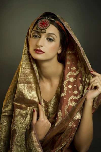 Piękny portret brunetka z tradycyjnym stroju. — Zdjęcie stockowe