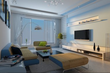 Interior fashionable living-room rendering clipart