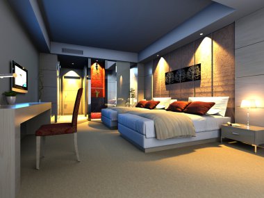 Rendering of home interior focused on bed room clipart