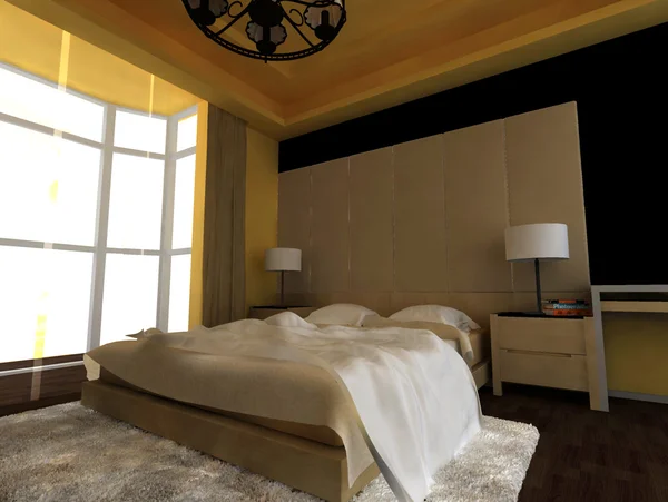 Renderização do interior da casa focada no quarto de cama — Fotografia de Stock