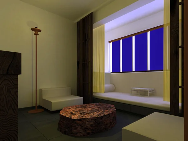 现代客厅内部3D渲染 — 图库照片