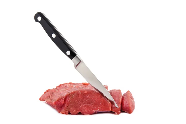 Trozos Carne Con Cuchillo Sobre Blanco —  Fotos de Stock