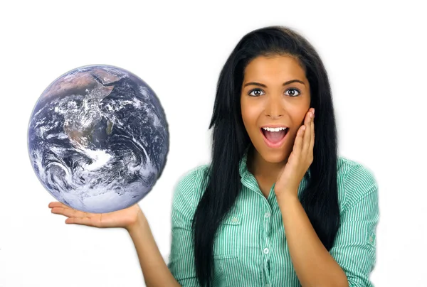 Beautiful Excited Teen Latina Holds the Earth — Stock Photo, Image