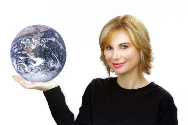 Beautiful Blonde Holding the Earth — Stock Photo, Image