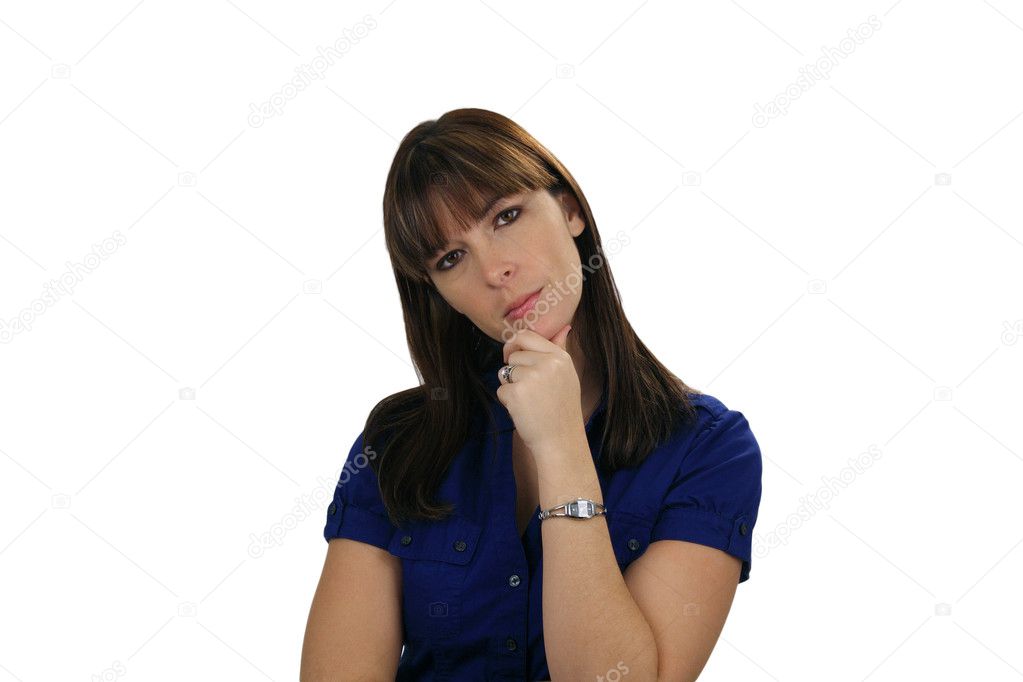 A lovely young brunette appears to be considering, wondering, contemplating, thinking, or listening, looking directly at the viewer, with her head tilted to fra