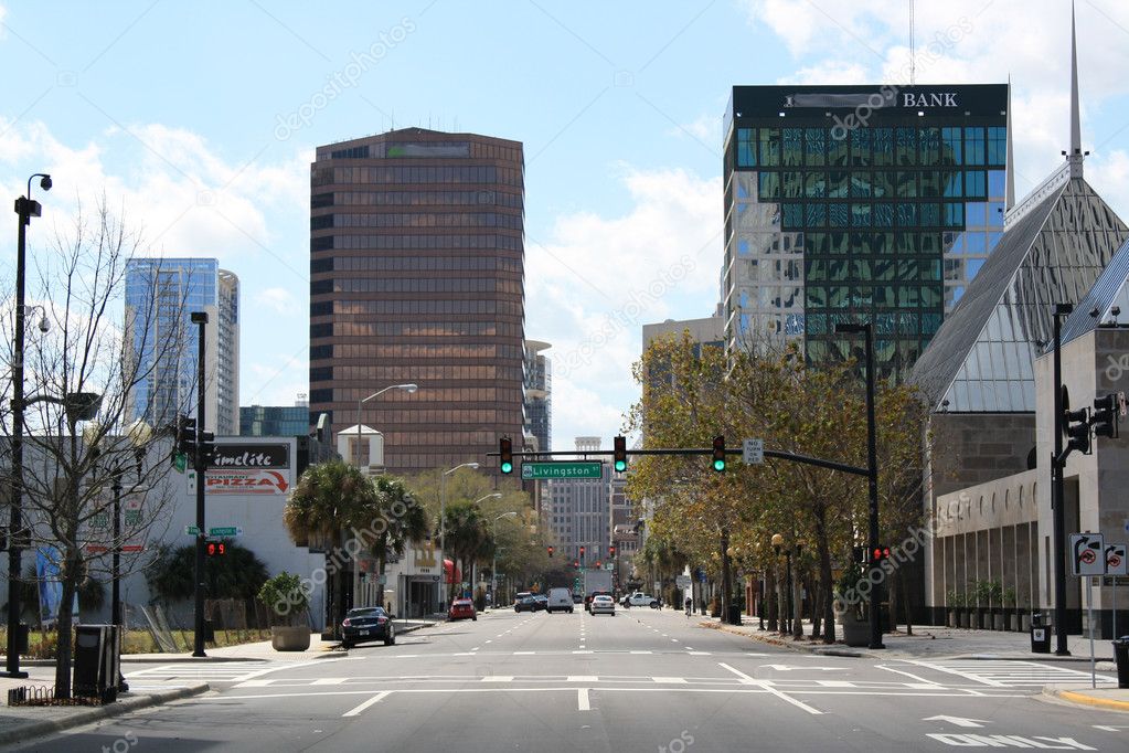 A view of downtown Orlando, Florida, looking south on Orange Avenue at Livingston Street.
