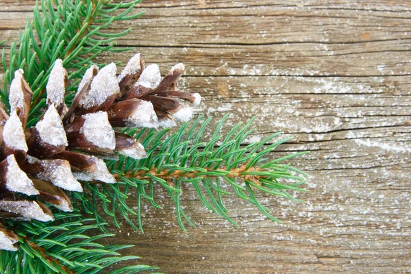 Glitery pine cone on wood background — Stock Photo, Image