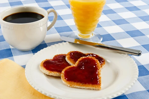 Red Jam Toast Hearts Serve Romantic Valentine Breakfast — Stock Photo, Image