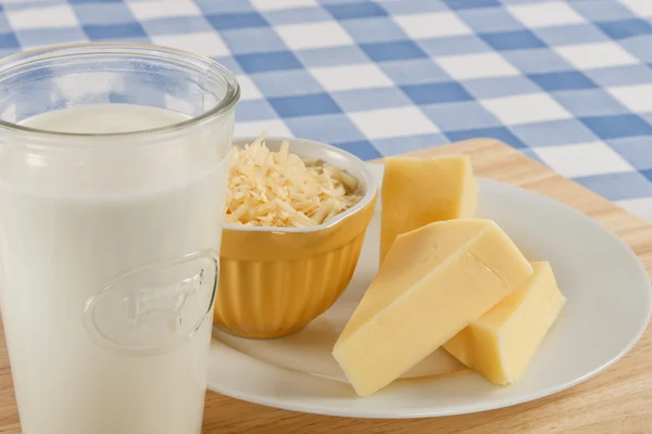 Snack Tasty Swiss Cheese Glass Milk Can Dangerous Food Allergen — Stock Photo, Image
