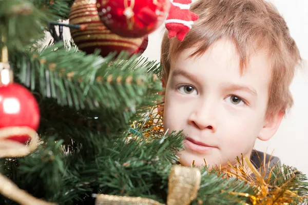 Rapaz olha para a árvore de Natal treechristmas — Fotografia de Stock