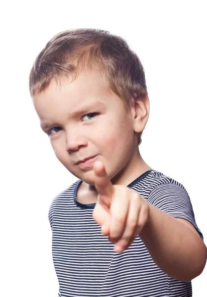 Menino pequeno aponta o dedo — Fotografia de Stock