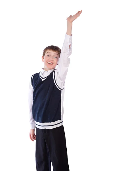Учень піднімає руку вгору — стокове фото