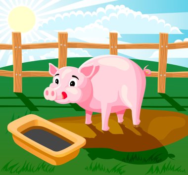 A piglet standing in the mud and drinking from trough. Picture has layers to easy edit clipart