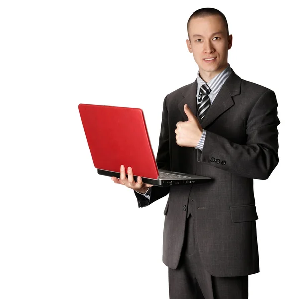 赤いノート パソコンを持ったビジネスマン — ストック写真