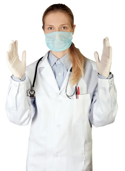 Kobieta lekarz maska patrząc na kamery — Zdjęcie stockowe