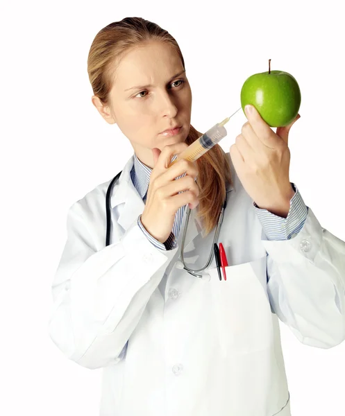 Vědec žena s apple — Stock fotografie