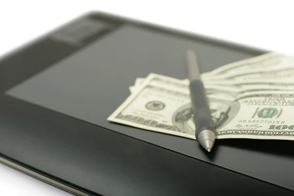 Graphic tablet with pen and money — Stock Photo, Image