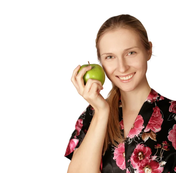Happy woman with agreen apple — Stock Photo, Image