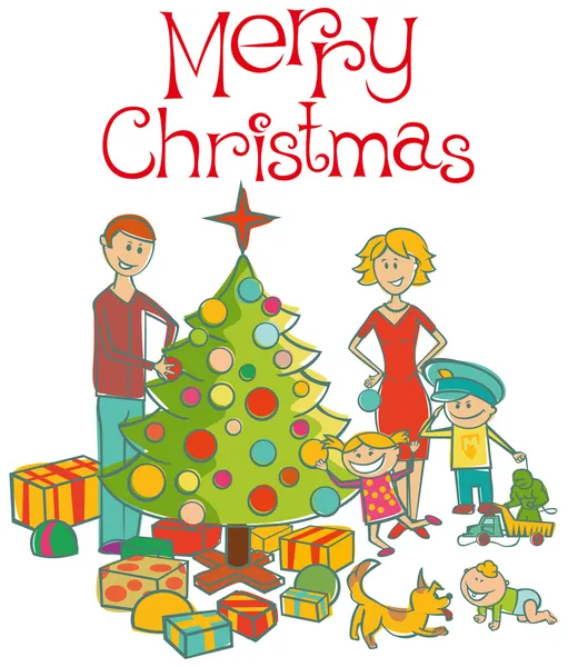Boldog családi öltözködni a karácsonyfa — Stock Vector